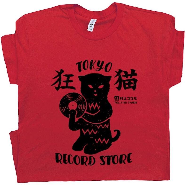 Tokyo Record Store T Shirt Black Cat T Shirt Vinyl Record Player Cool Vintage Ro Unisex T-Shirt M