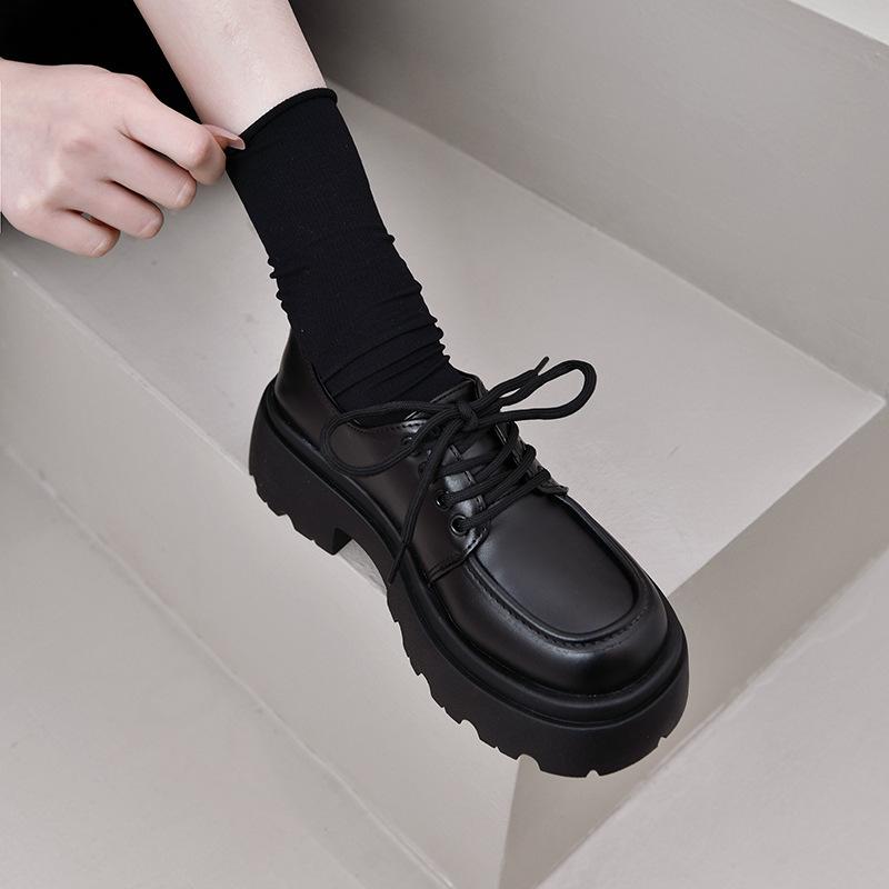 

Thick-soled small leather shoes women s new spring and autumn versatile black single shoes round head shoes 35
