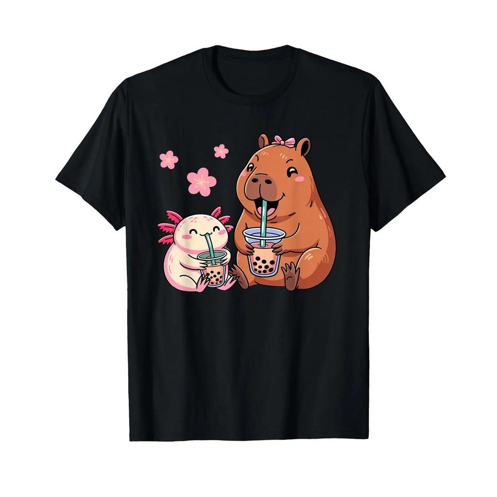 Axolotl And Capybara Drinking Bubble Tea Kawaii Girls Kids T Shirt Vintage Streetwear Top For Everyday Wear Soft Stylish