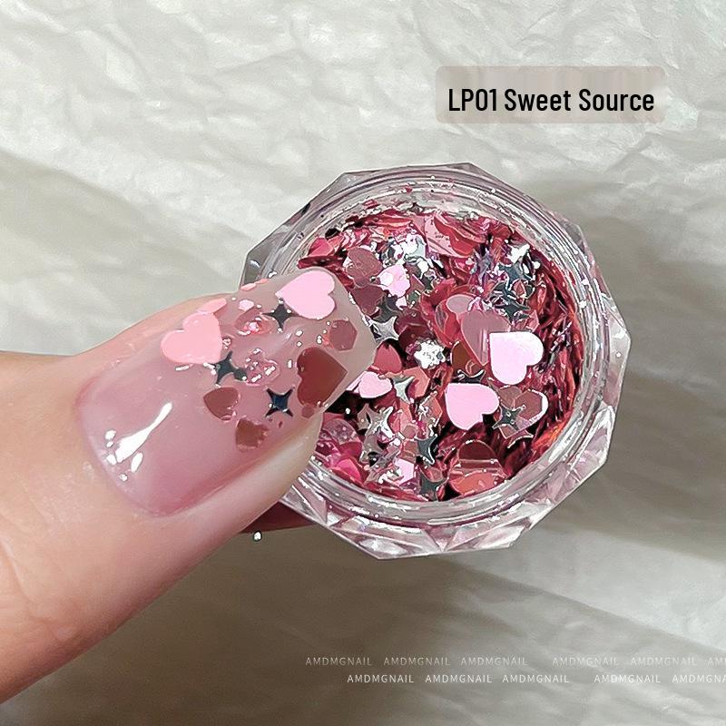 2025 Trendy Pink Glitter Nail Art: Four-Pointed Star & Heart Decorations