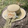 Lace flower flat top straw hat women's new summer outdoor travel sun protection sun hat seaside vacation beach hat