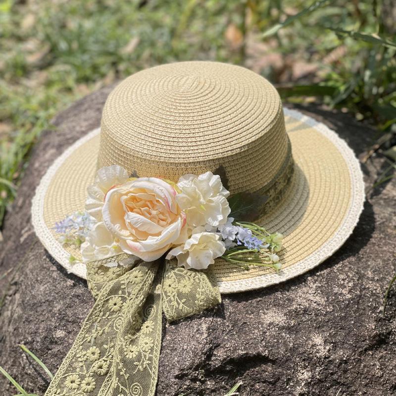 Lace flower flat top straw hat women's new summer outdoor travel sun protection sun hat seaside vacation beach hat