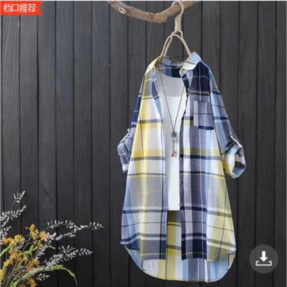Women's Point Collar Long Sleeve Plaid Blouse Loose Fit Casual Cotton Tunic Shirt Outerwear