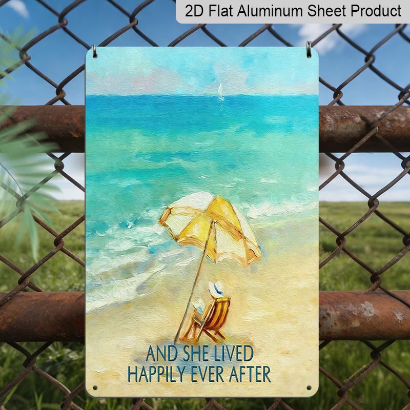 

2D Flat 1pc Vintage Beach Metal Aluminum Wall Art Sign And She Lived Happily Ever After - 8x12 Inch Turquoise & Golden Coastal Decor, Summer Wall 20*30cm