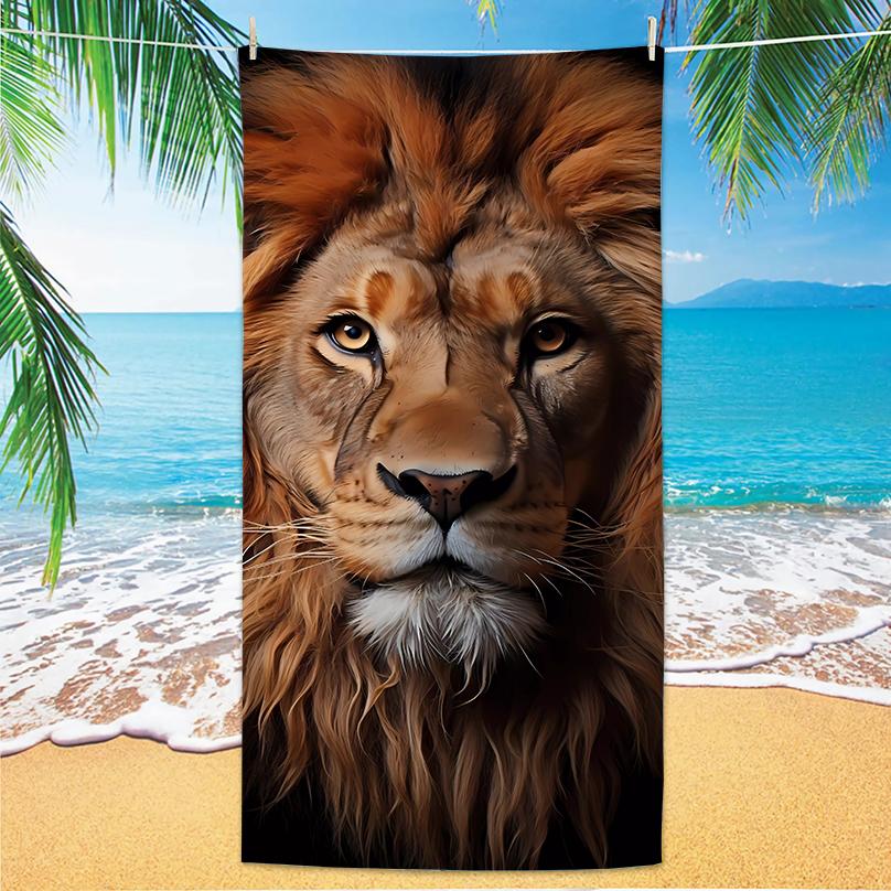 New Lion Beach Towel Microfiber Digital Print Sunproof Shawl Extra Large Towel for Camping Gym Bold Lion Design W30*H60(CM)