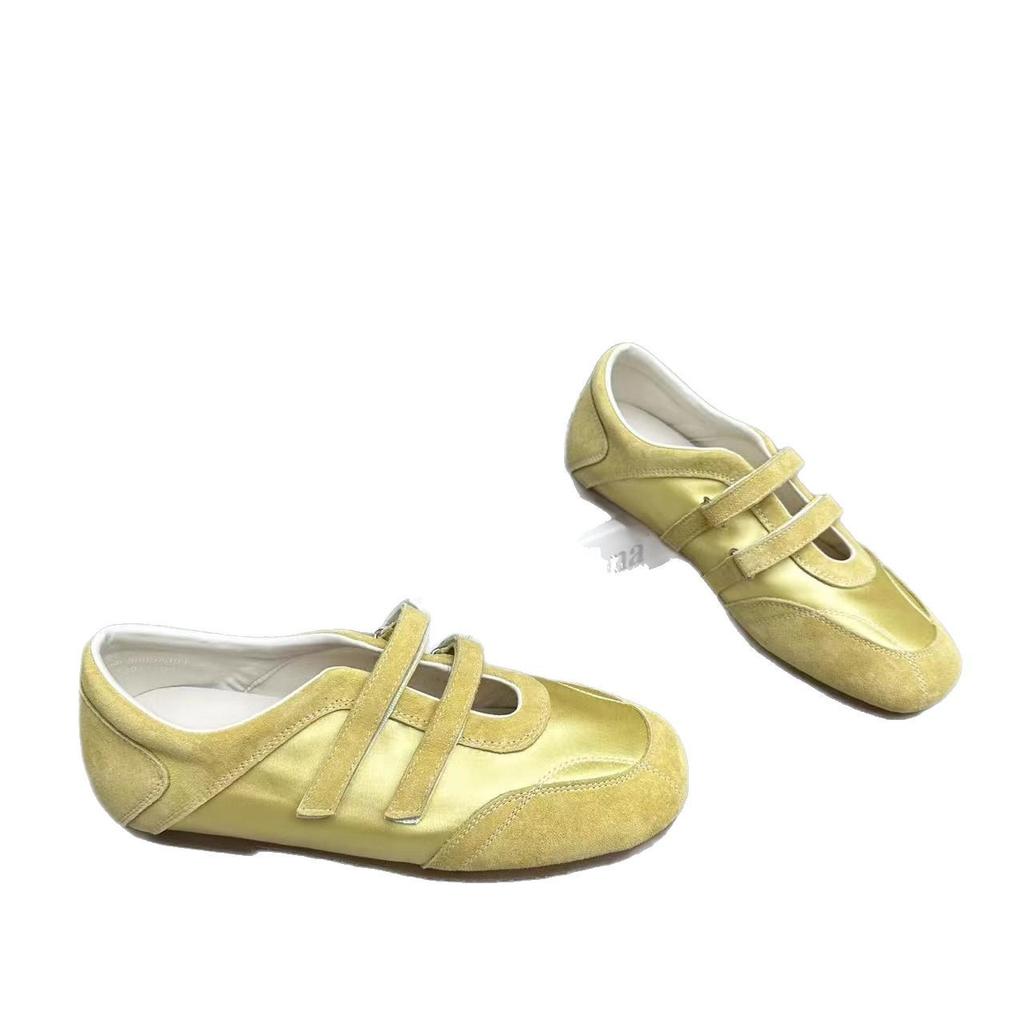 Retro Seidenstruktur Ballett Damen Schuhe Frühling neu vielseitig Doppelriemen Klettverschluss Ein-Pedal flache Schuhe