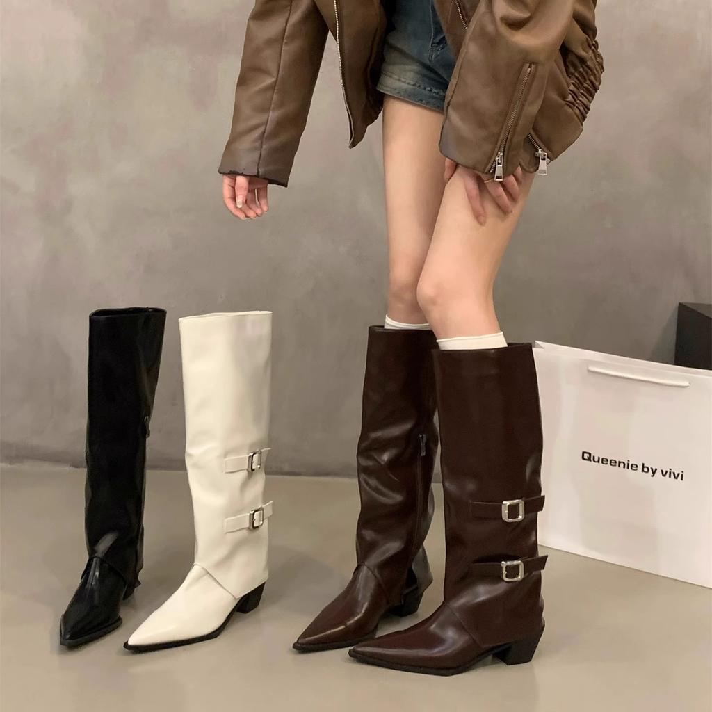 High Heel Pointed Brown Pants Boots Women's Boots 2025 Autumn and Winter White Skinny Boots Medium Knight Boots