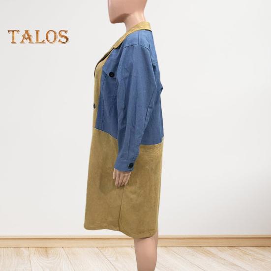 Dámské Jaro Podzim Kabát Džínová bunda Kabát Patchwork Dvouřadý s kapsami s klopou Colorblock Dámský kabát střední délky