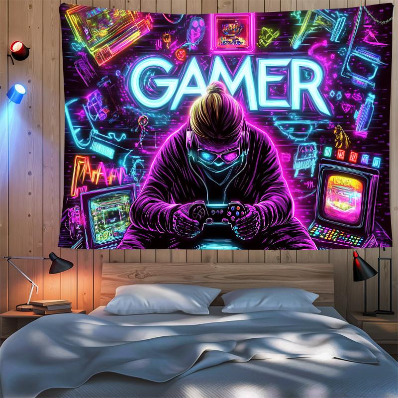 VIKAMA Trendy Gamer Tapestry Neon Esports Player Mural Living Room Feature Wall Gaming Decor Street Style Music Party