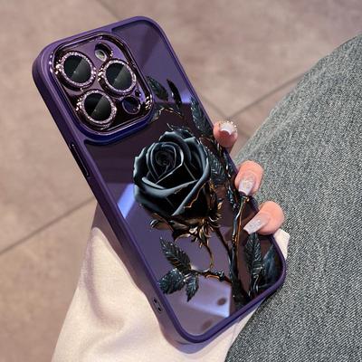 Black Rose Flower Phone Case for iPhone 11 12 13 14 15 16 17 Pro Max Case Bling Elegant Camera Protection Transparent Cover