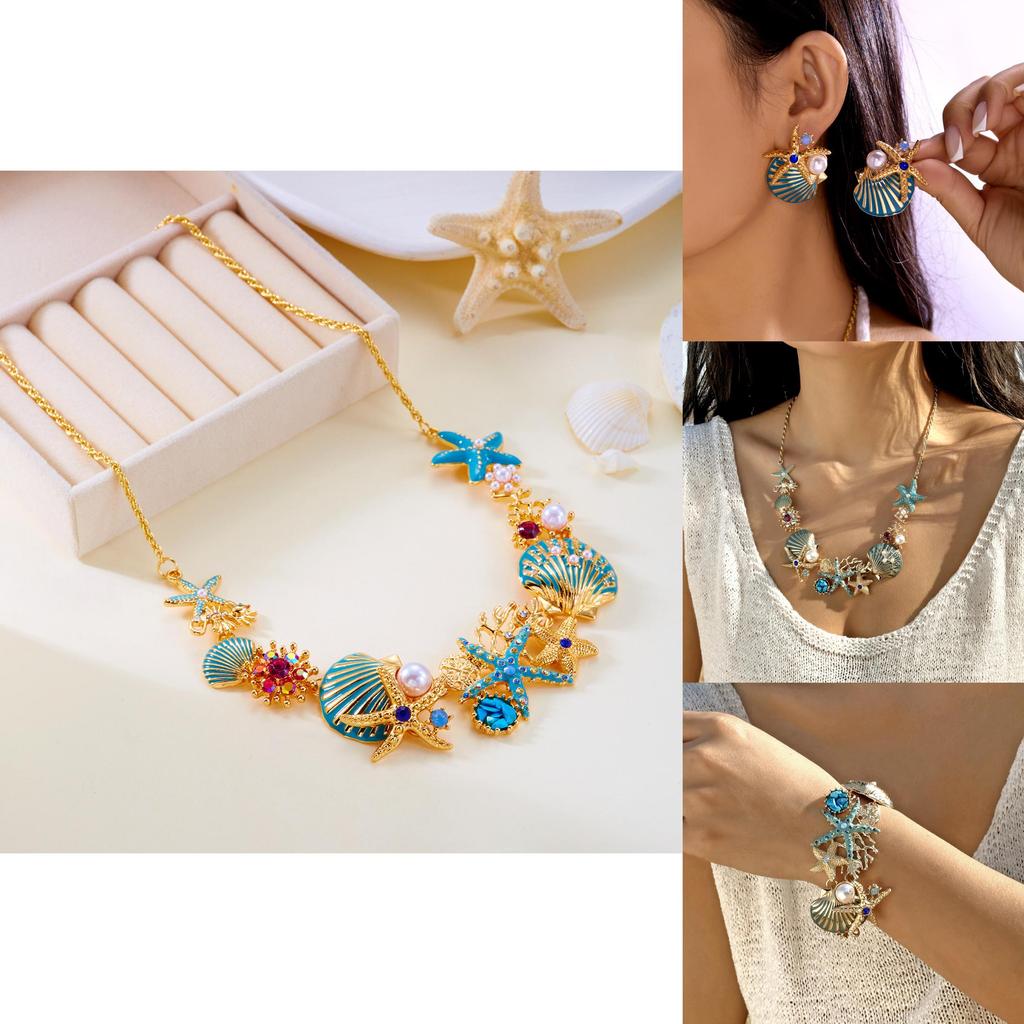 Ocean Starfish Necklace And Bracelet Set With Zinc Alloy Charm For Summer Fashion Women
