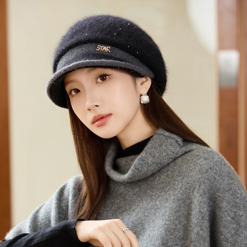 Autumn and Winter Hat Women's Sequined Warm Equestrian Hat Fashion Casual Basin Hat Cold Protection Ear Hat