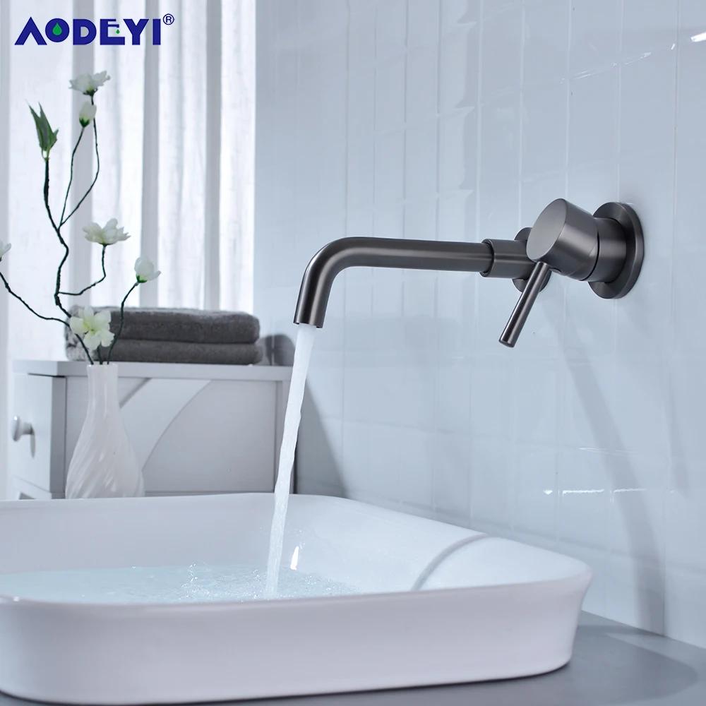 Gun Grey Mixer Hot Cold Water Tap Single Hole Swivel Spout Bath Single Lever Handle Wall Mounted Bathroom Brass Sink Faucet Taps