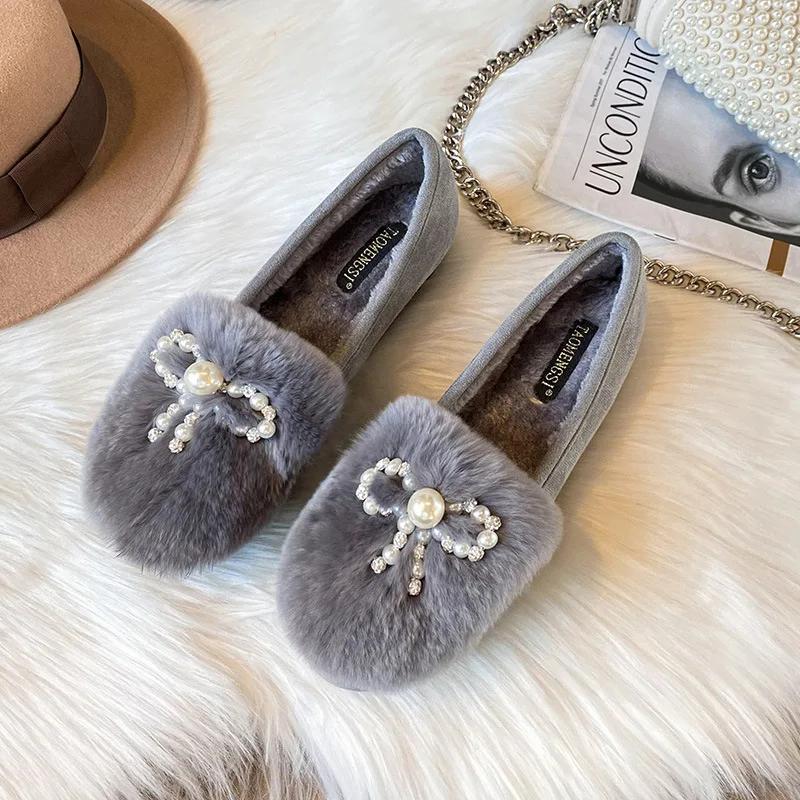 Fashion Thick Sole Round Toe Warm Plus Velvet Cotton Shoes Women Fashion Bow Tie Anti-slip Pearls Loafers Plus Size  Zapatillas 2025