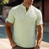 Men's Linen-Look Short Sleeve Henley Shirt Casual Stand Collar Button Placket Top with Chest Pocket