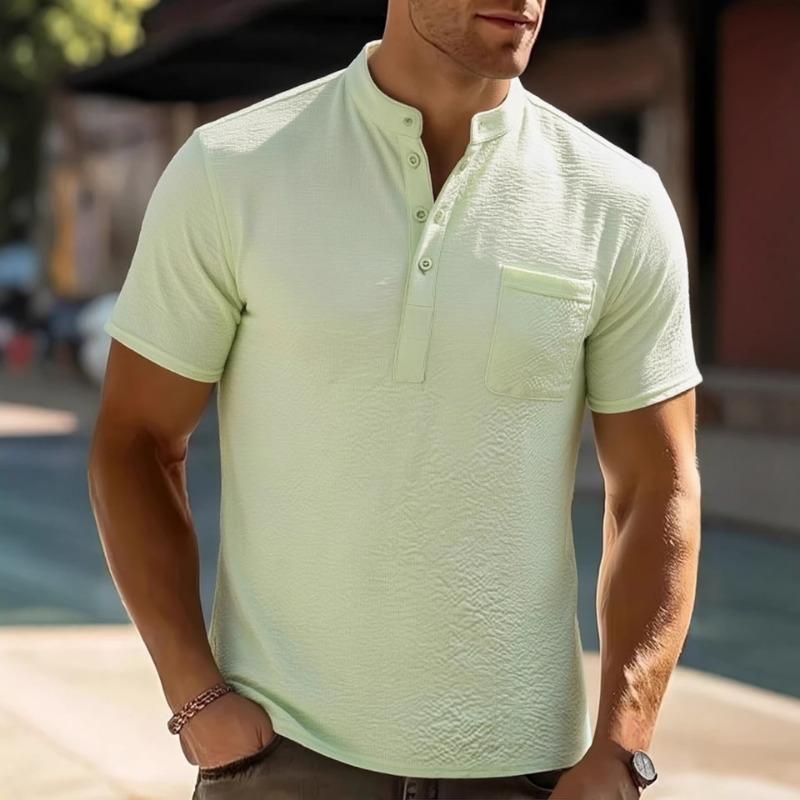 Men's Linen-Look Short Sleeve Henley Shirt Casual Stand Collar Button Placket Top with Chest Pocket