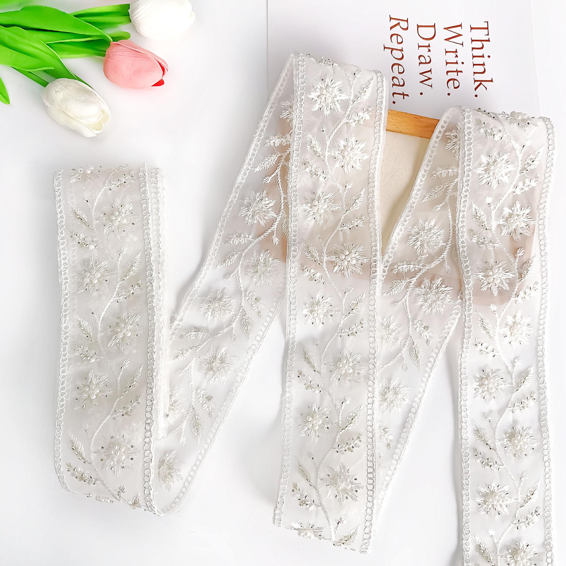 

Ancient Hanfu Ethnic Clothing Decoration Handmade Diy Embroidery Beads Embroidery Skirt Curtains Belt Accessories Lace Accessories T3073 white one size