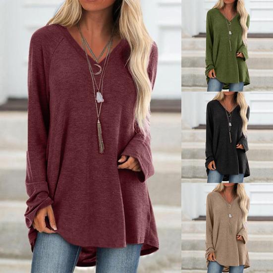 Taglie Forti Donna Tinta Unita Manica Lunga Scollo a V Pullover Largo Midi Camicetta Top