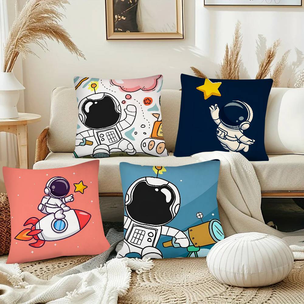 Cartoon Astronaut Rocket Spaceship Pillow Case Fashion Square Pillowcase Bedroom Sofa Room Ins Decoration Leisure