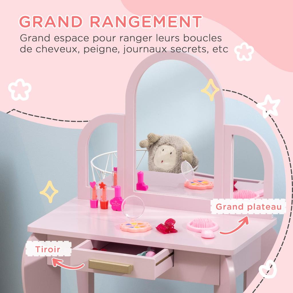 Kids Dressing Table Set, with Mirror and Drawer - Pink