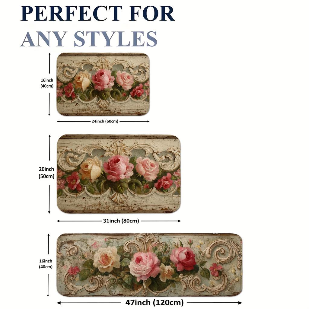 1 Stück Anti-Ermüdungs-Küchenteppiche, Vintage-Blumendruck, wasserdicht, rutschfest, dick gepolstert, Küchenmatte, strapazierfähig, bequeme Stehmatte für die Küche