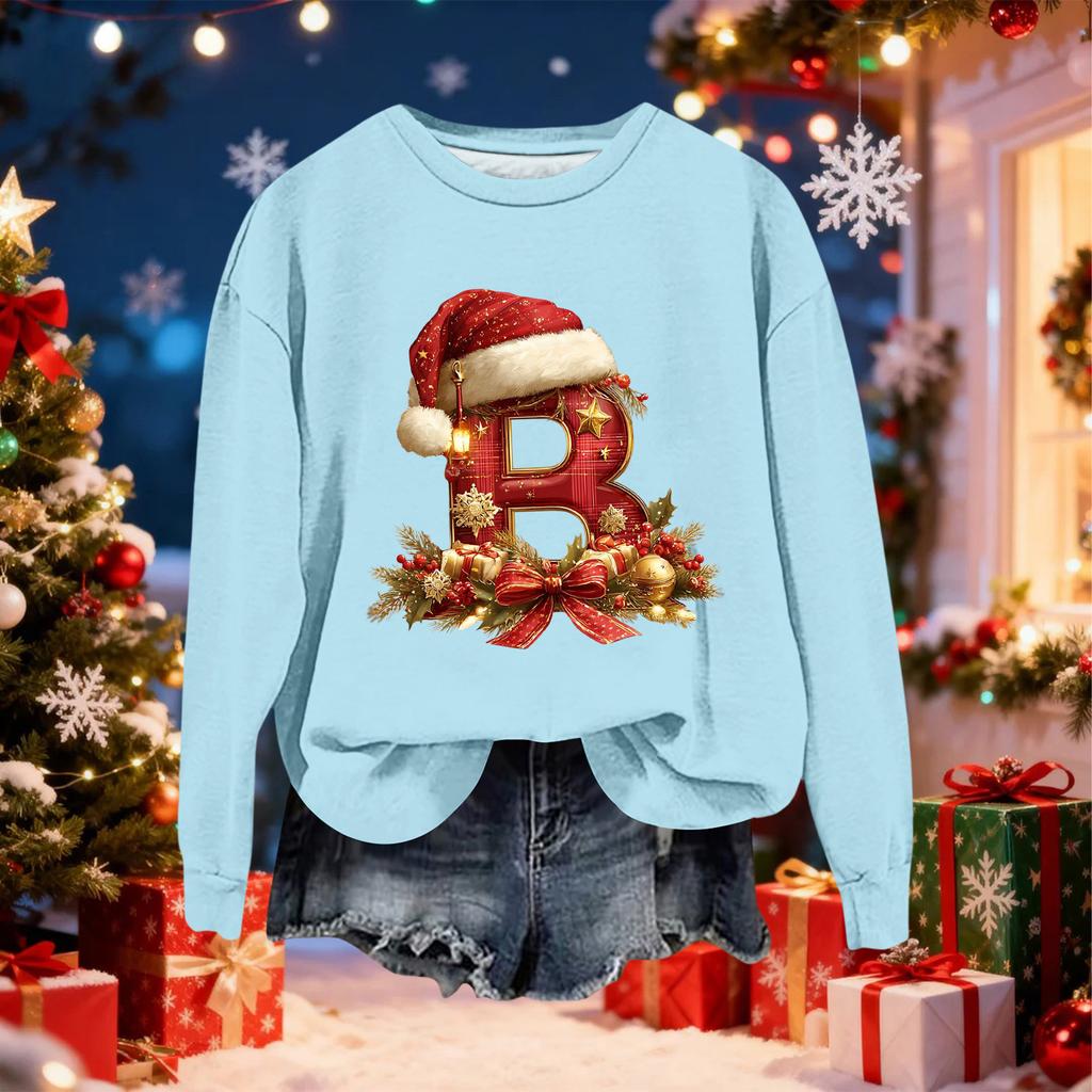 Women's Fashionable Casual Long-Sleeved Christmas Letter Print Crew-Neck Sweatshirt