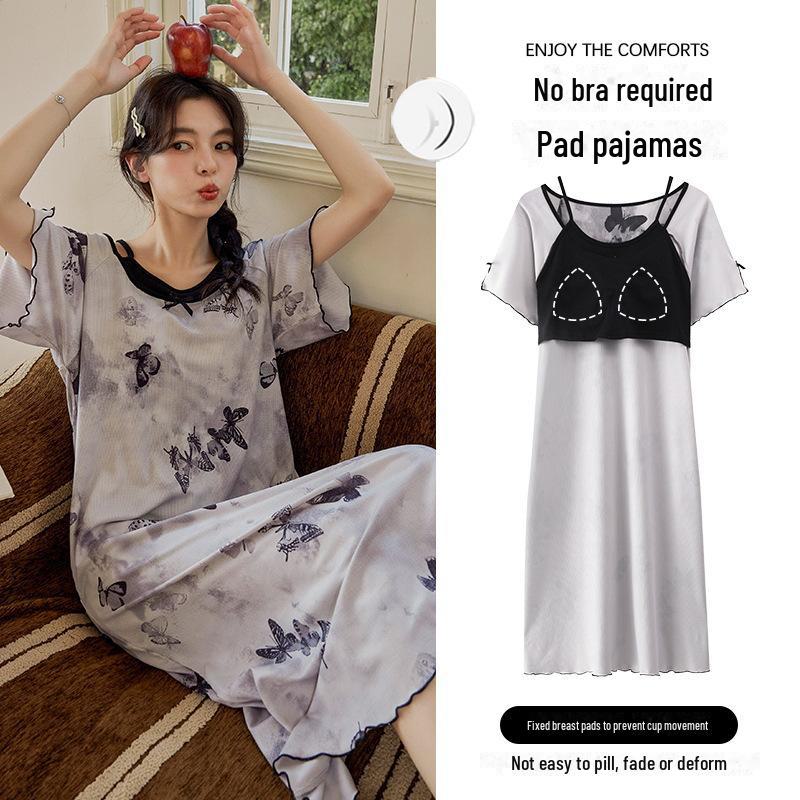 Women's Summer Ice Silk Two-Piece Nightdress with Breast Pads - Short-Sleeved, Sweet, Knee-Length