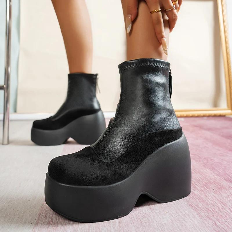 

Platform High Heels Women Boots Sexy Woman Shoes Winter Warm Snow Boots Trend Pumps Leather Shoes Zip Ankle Chelsea Botas 42 чорний