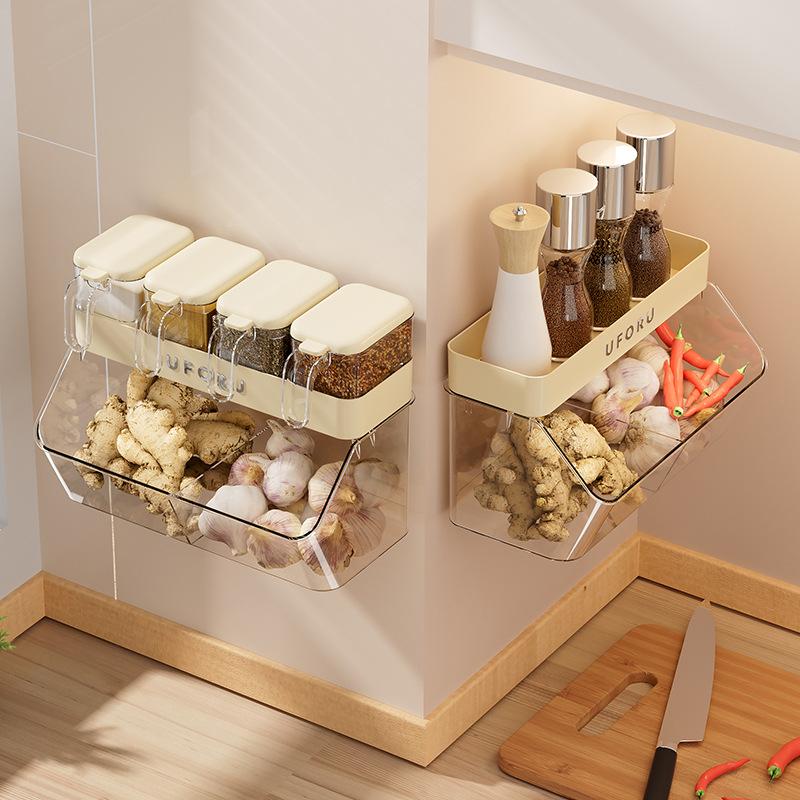 Food Grade Spice Box Wall Mounted No Drill Kitchen Storage Container for Ginger Garlic Plastic Organizer