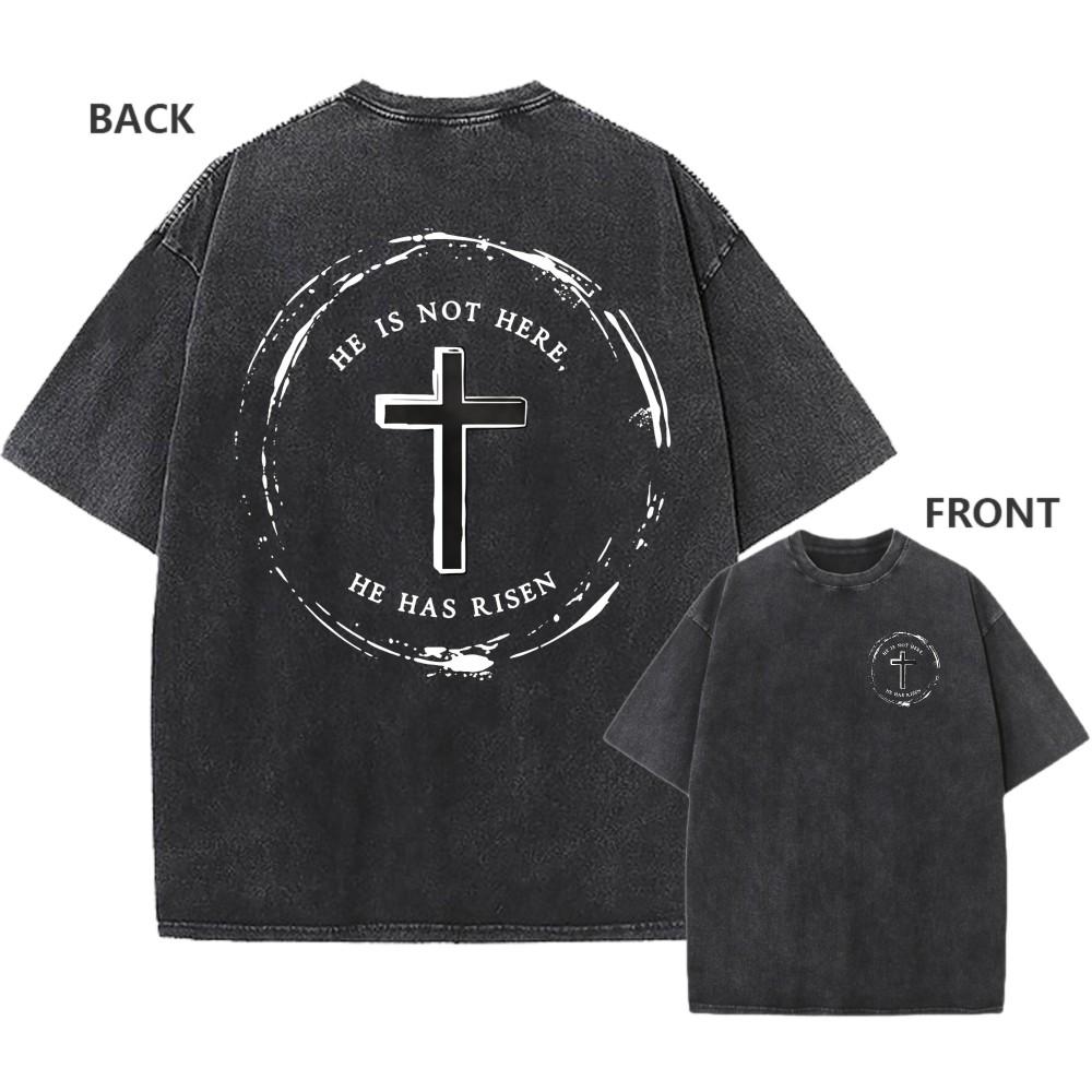 Mens Vintage Oversized Washed TShirt Cotton He Is Risen Easter Faith Tee