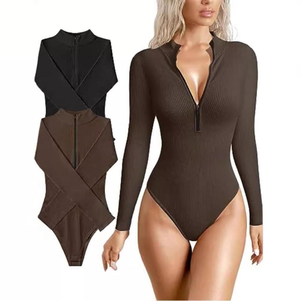2023 Sexy Ribbed Long-Sleeve Zipper Bodysuit