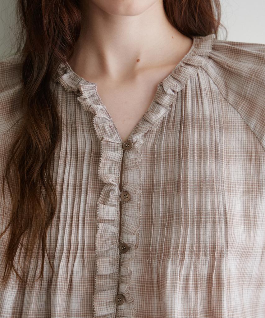 URAGO Check Frill Pintuck Blouse_2Colors