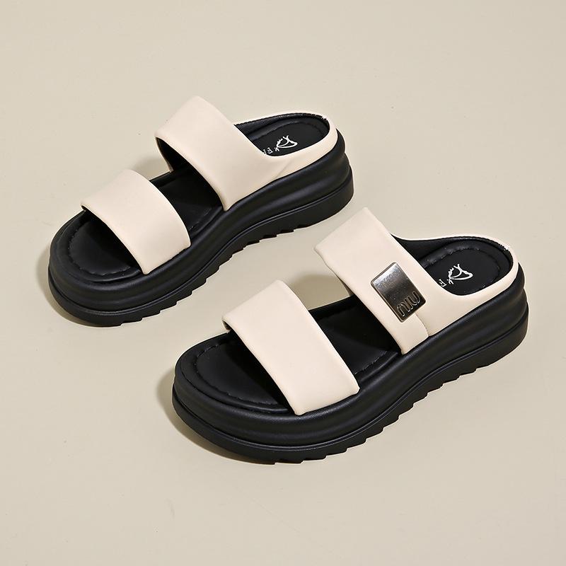 

Summer new muffin thick-bottomed metal letter flip flops soft-bottomed beach slippers women 41 бежевый