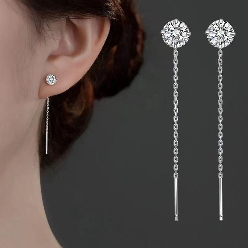 Real 925 Silver 5/7MM Round Zircon Short Tassel Stud Earrings For Women Classic Fine Jewelry Light Luxury Accessories