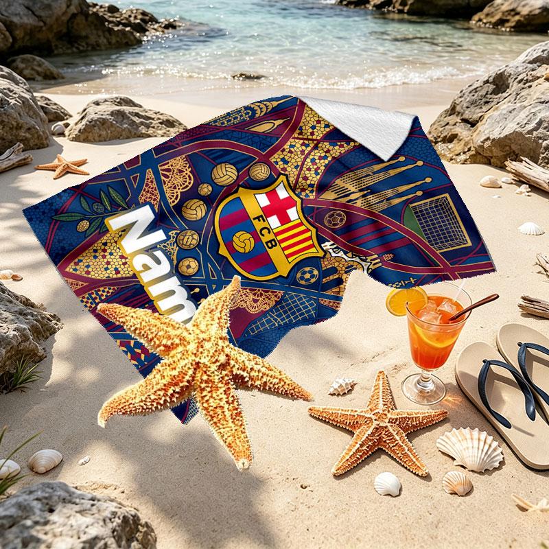 Serviette de Plage Personnalisée avec Nom Club de Football Barcelone, pour Voyage Camping Fête à la Plage Décoration Intérieure, Cadeau d'Anniversaire pour la Famille et les Amis