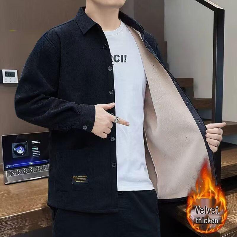 Men's Solid Color Corduroy Jacket - 2025 Autumn/Winter Velvet, Thick & Warm Long Sleeve Shirt