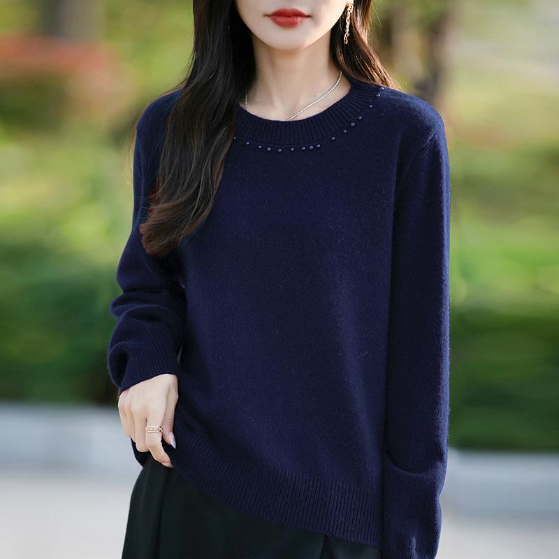Dámský svetr s kulatým výstřihem z hrubé pleteniny, volný jednobarevný pulovr s dlouhým rukávem, základní vrstva na podzim a zimu