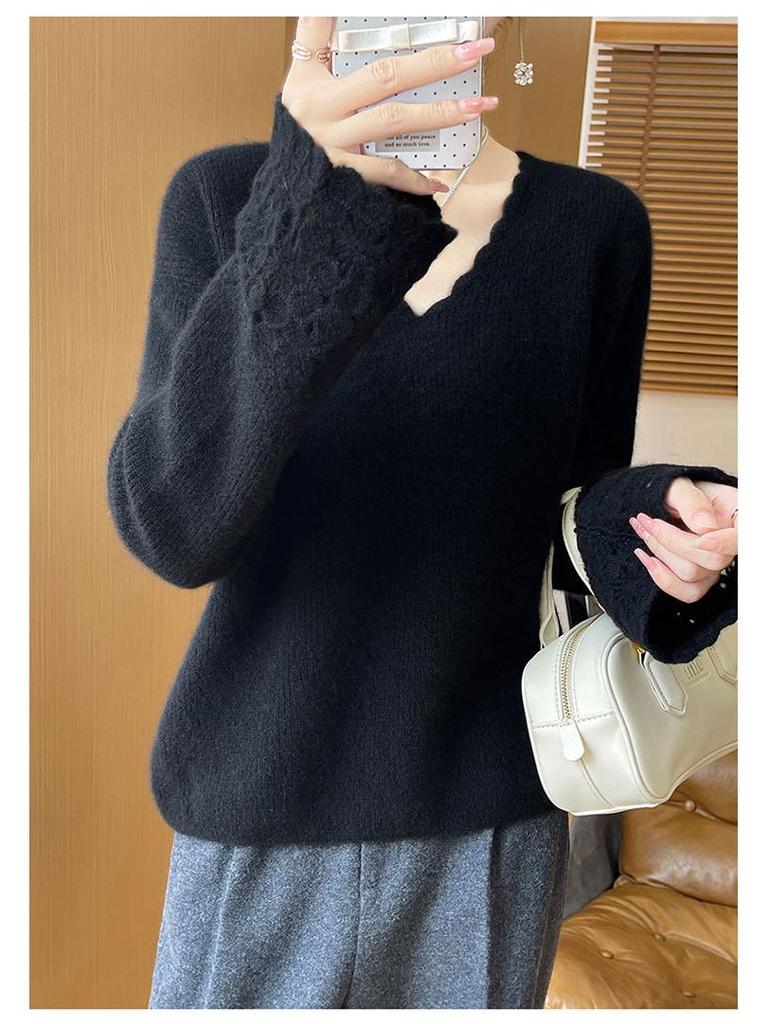 Women's 100% Pure Wool V-Neck Lace Long Sleeve Loose Sweater - Autumn/Winter 2025 Collection
