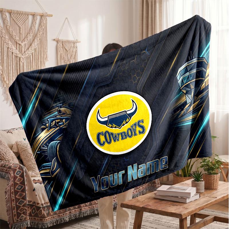 North Queensland Cowboys Flannel Blanket, Custom Name Text Personalized Soft Throw Blanket Home Decor Gift