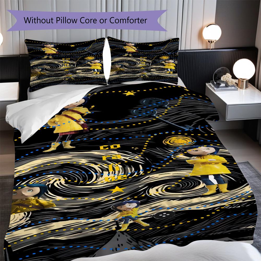 1PC Coraline Pattern Bedding Quilt Set Quilt Cover Pillowcase Home Decoration Birthday Gift (1 * Duvet Cover + 2 * Pillowcase, Without Core)