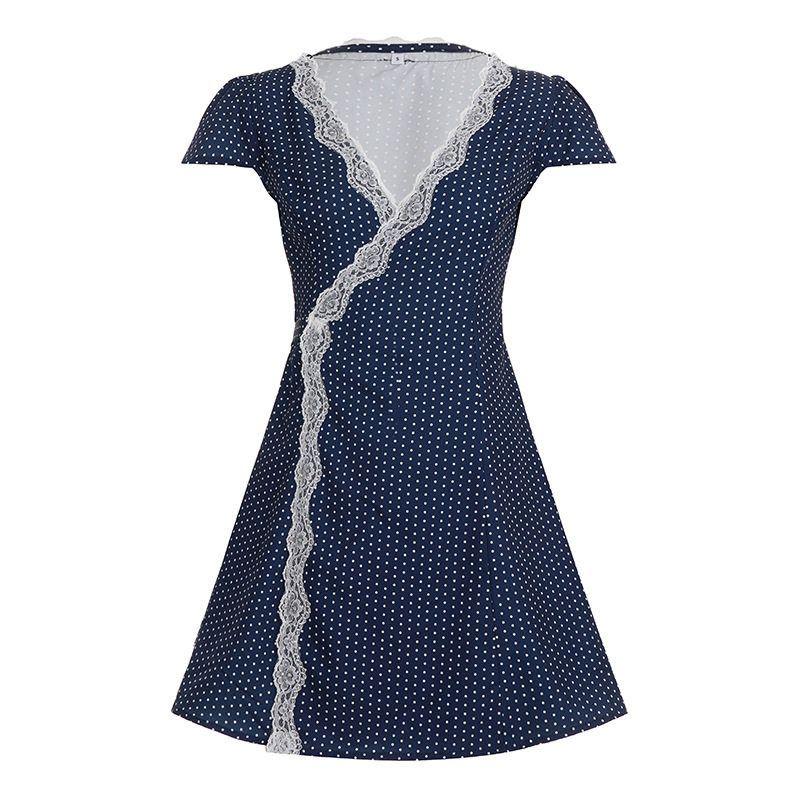 

American-Style Spicy Girl Style Lace Patchwork Polka Dot Color-Blocking Short-Sleeve Dress, Vintage Pure Desire Slim-Fit A-Line Short Dress for Summer Blue S
