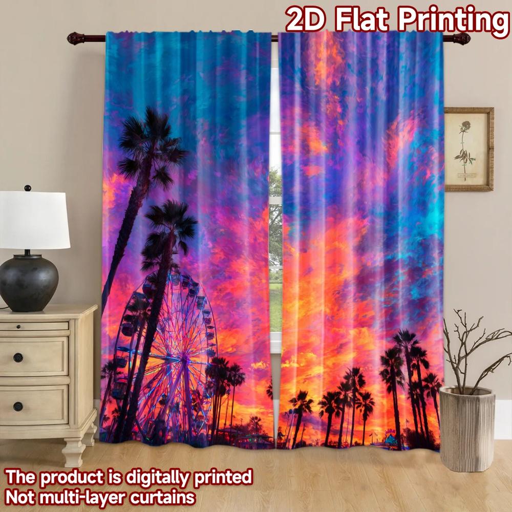 2D flat printing 2pcs Window Curtains Colorful Ferris Wheel Palm Trees Sunset Digital Printed Polyester Drapes Birthday Party