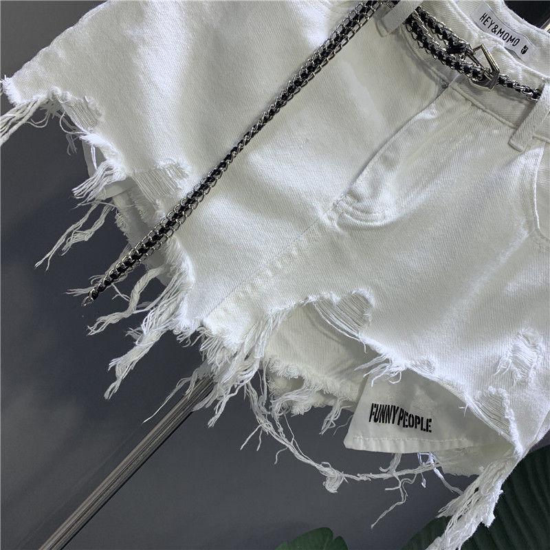 2023 Spring/Autumn White Raw Edge Irregular Denim Skirt with Anti-Exposure Holes and Pockets