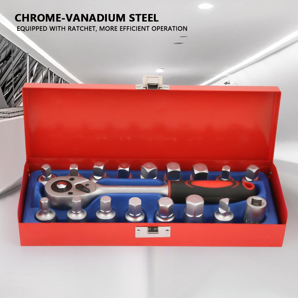 18pcs Chrome Vanadium Steel 3 8in Oil Drain Plug Sump Ratchet Socket Wrench Set Oil Change Tool