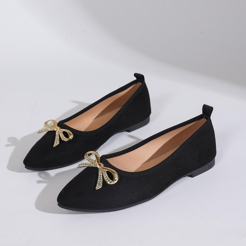 Fashion Women's Pointed Toe Shallow Suede Crystal Metal Bow Non-Slip Wear-Resistant Flats Fashion Soft Sole Single Shoes