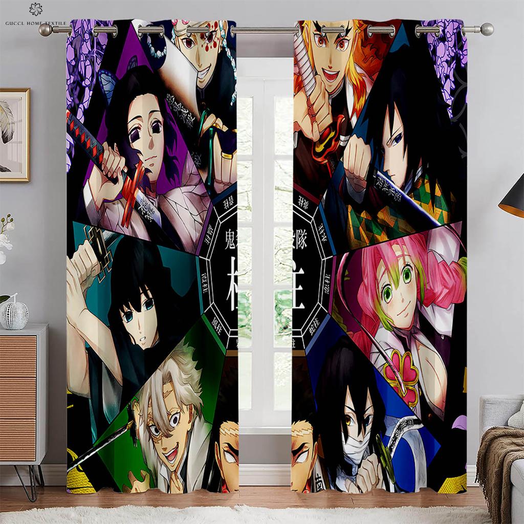 Japanese Anime Print Curtains for Kids Room, Bedroom, Living Room, Kitchen Decorative Curtains, Home Decoration, 2 PCs