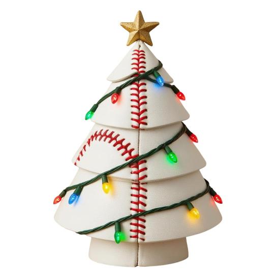 Sports Ball Inspired Christmas Tree Figurine Handcrafted Faux Leather Tree Shaped Tabletop Decoration with Golden Star Topper for Holiday Home Decor
