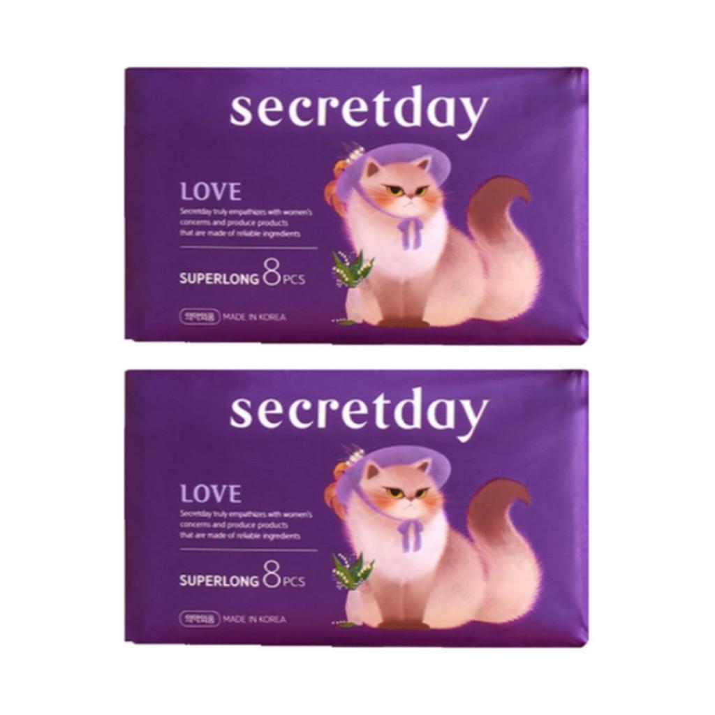 Secretday Love Super Long Winged Sanitary Pads, Overnight+ Size, 8 Pads Per Pack × 2 Packs