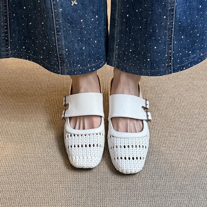 Square head woven hollow outer wear slippers inner height increase belt buckle bag head sandals thick heel fashion sandals women's summer