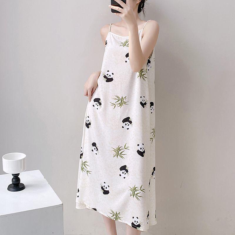 Women's Sweet Camisole Pajama Dress - Cute, Long, Imitation Cotton, Round Neck, Summer Wear, Versatile for Home and Outdoors.